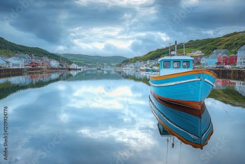 Cheerful blue boat anchored in a serene village bay with colorful houses and lush greenery, captured in a calm and peaceful setting under dreamy blue skies. photo