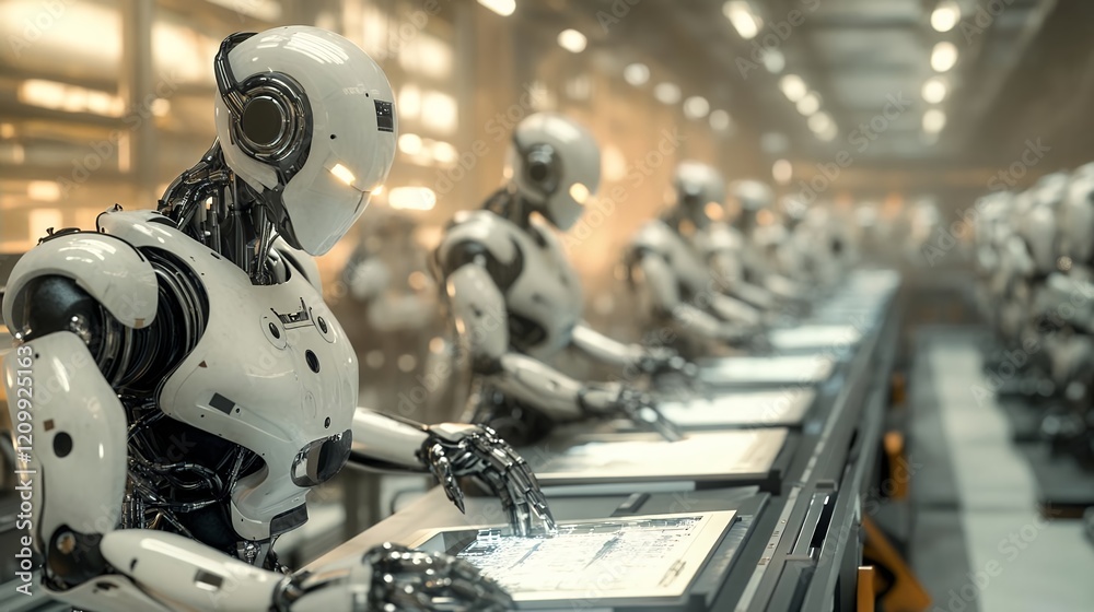 Robots Working on Assembly Line in Modern Factory Robots Working on Assembly Line in Modern Factory