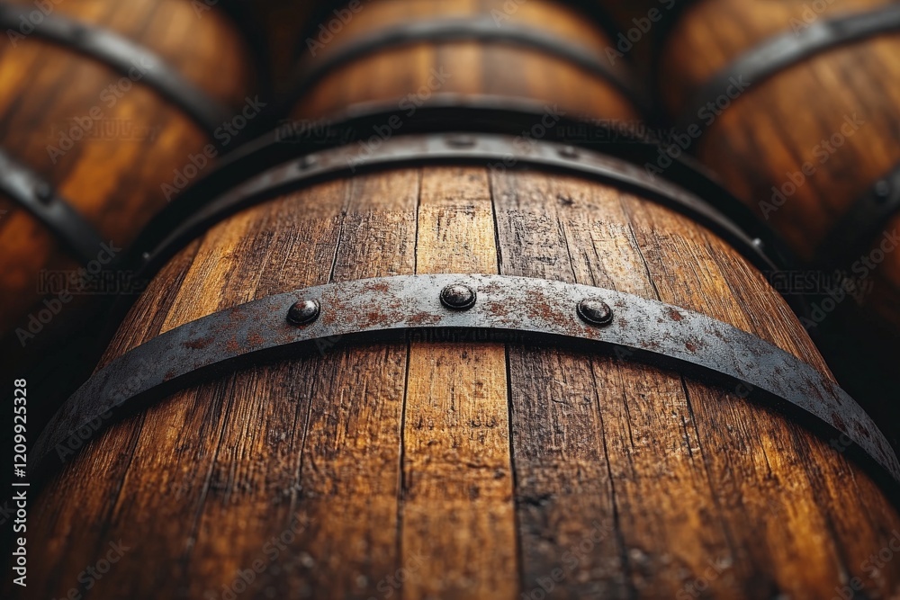 Close-up view of a rustic barrel with intricate wood grains and aged metal rings, capturing the essence of craftsmanship and traditional wooden barrel making. Close-up view of a rustic barrel with intricate wood grains and aged metal rings, capturing the essence of craftsmanship and traditional wooden barrel making.