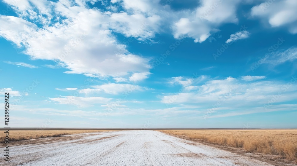 Wide shot of a salt farm with rows of salt mounds leading to the horizon, under a vibrant blue sky with soft clouds. Wide shot of a salt farm with rows of salt mounds leading to the horizon, under a vibrant blue sky with soft clouds.
