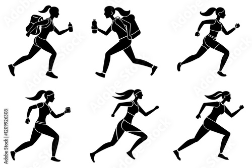 Woman fitness jogging silhouette on white background set bundle
