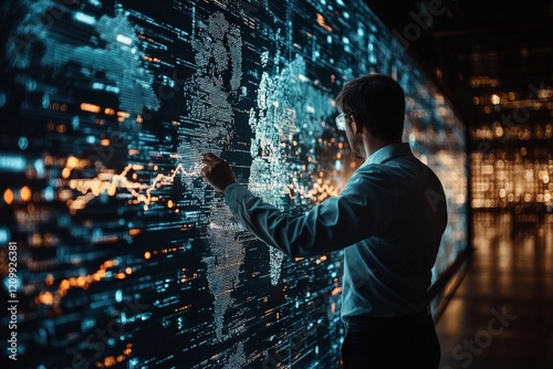 A data scientist faces an expansive wall of illuminated data, analyzing patterns and trends, embodying the depth and breadth of contemporary data exploration.