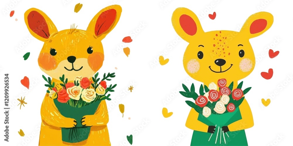 Naklejka premium Cheerful cartoon animals holding flowers whimsical art digital design