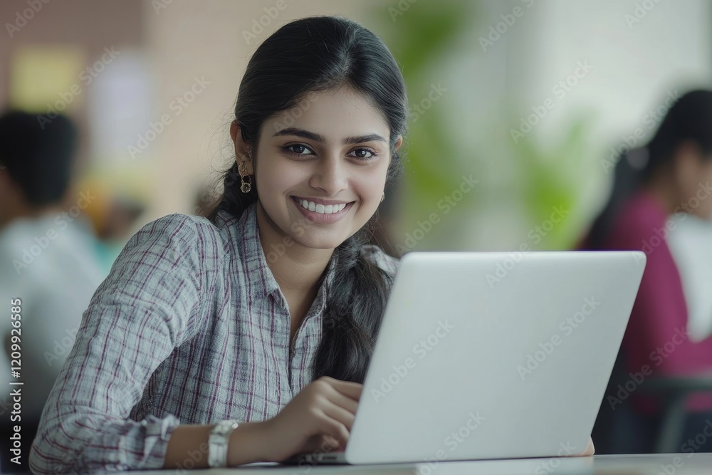 Smiling Indian female employee using laptop at workplace, looking at screen, focused businesswoman preparing economic Smiling Indian female employee using laptop at workplace, looking at screen, focused businesswoman preparing economic