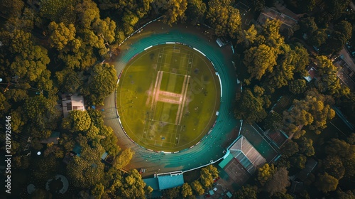 Aerial view of players, playing a game of Cricket on a Welsh Park Pitch in the summer photo