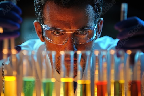 Researcher engages intensely with a set of colorful test tubes, reflecting a scene of exploration and scientific quest under bright laboratory lights. photo
