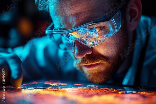 A focused scientist peering through protective eyewear examines a vibrant illuminated geological surface with precision in a controlled environment. photo