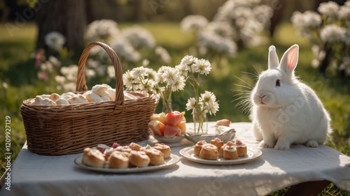 A serene outdoor scene featuring a rabbit beside a picnic table with pastries and flowers. photo