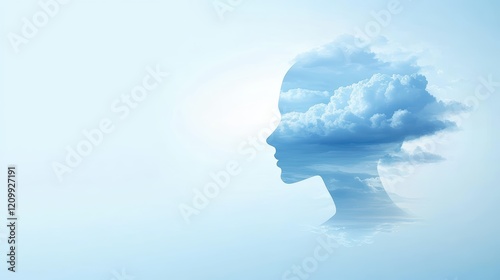 Human head silhouette with cloudshaped head, a visual representation of thoughts and imagination photo