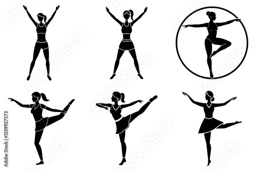 Woman fitness workout class bundle flat silhouette design