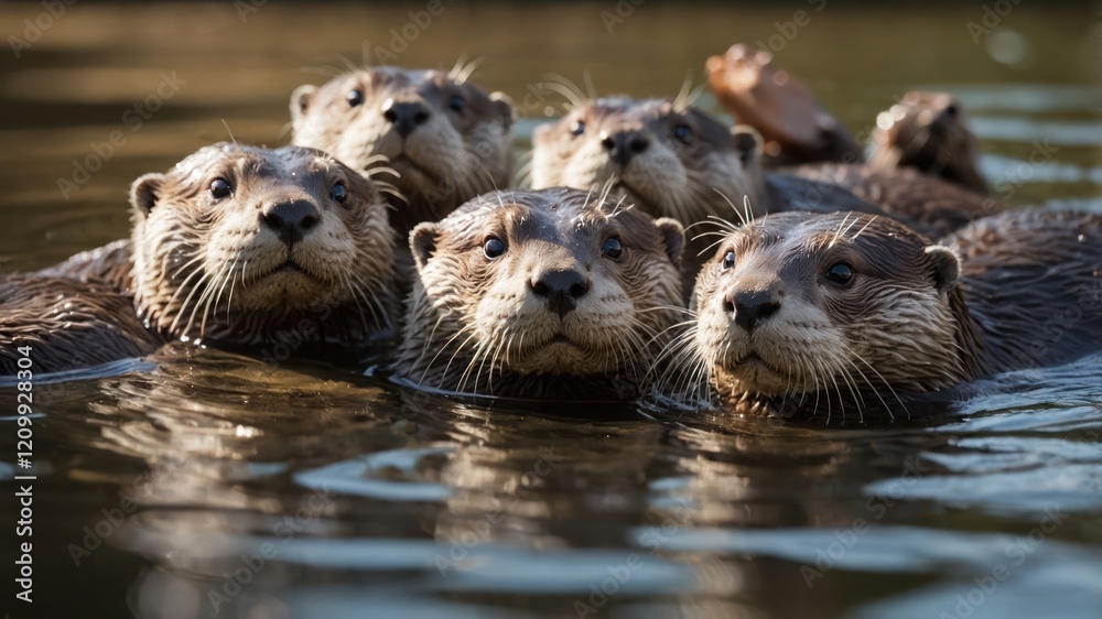 A group of otters swimming together in a calm water setting. A group of otters swimming together in a calm water setting.