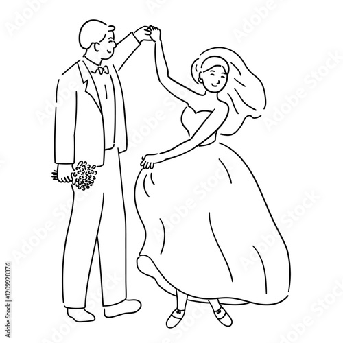 Groom is holding the bride's hand, and they are both dancing together cutely vector illustration