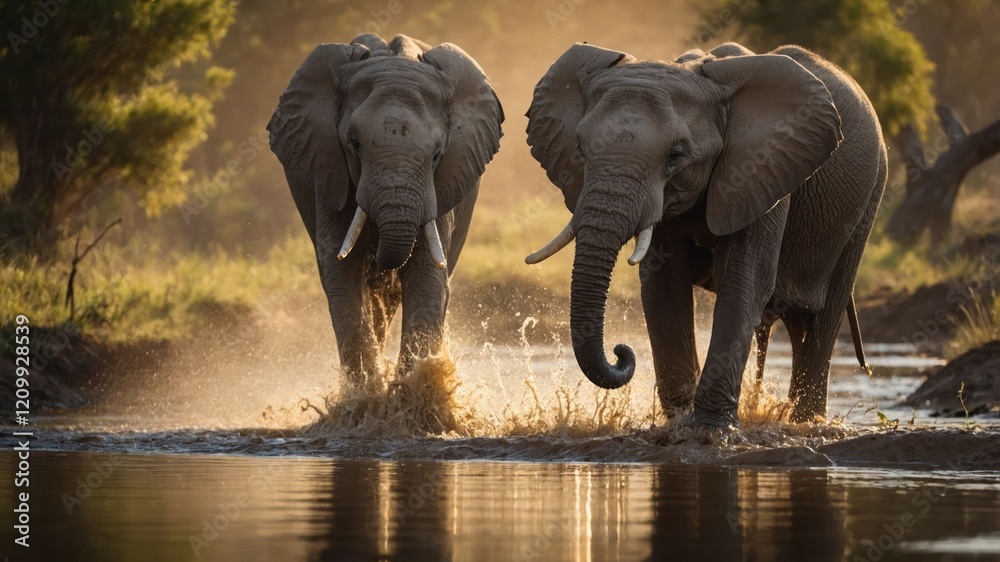 Obraz premium Two elephants wade through a river at sunset, creating a serene wildlife scene.
