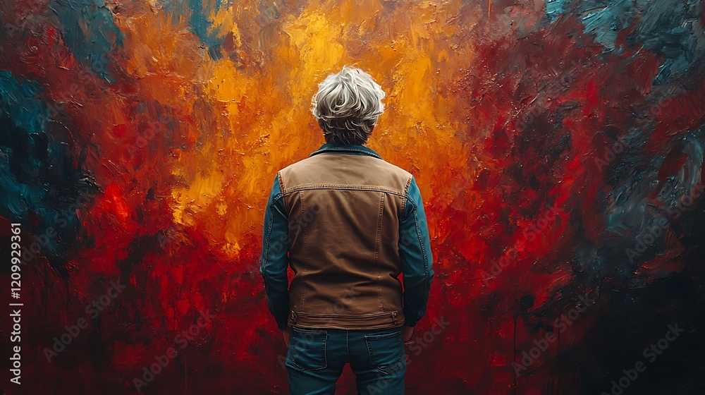 Obraz premium Contemplation Before Abstract Art: A person stands with their back to the viewer, gazing at a large, vibrant abstract painting dominated by fiery oranges, deep reds, and moody blues.