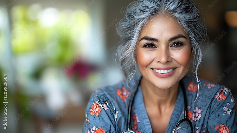 Confidence and Compassion: A captivating portrait of a mature woman with silver hair and warm eyes. Her confident smile and the stethoscope around her neck evoke a sense of experience, care. Confidence and Compassion: A captivating portrait of a mature woman with silver hair and warm eyes. Her confident smile and the stethoscope around her neck evoke a sense of experience, care.