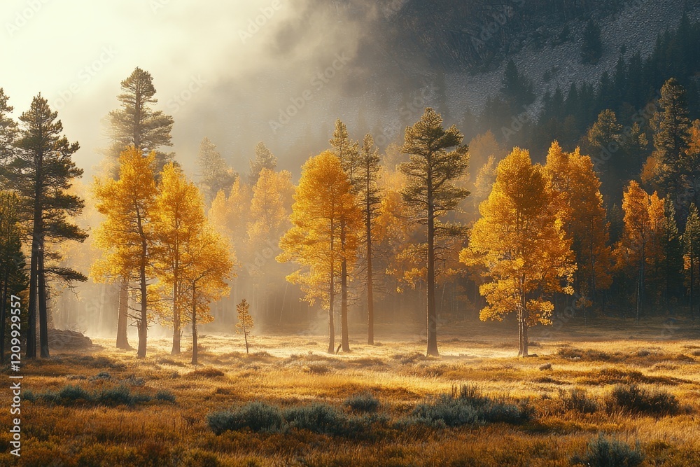 A misty autumn forest is illuminated by the golden morning light, with tall trees in orange and yellow hues standing against a hazy mountain backdrop. A misty autumn forest is illuminated by the golden morning light, with tall trees in orange and yellow hues standing against a hazy mountain backdrop.