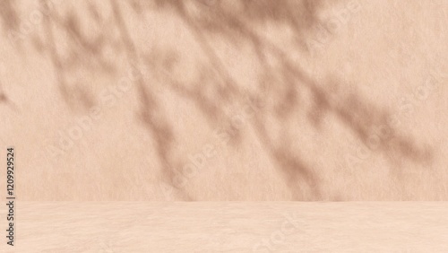 Unobtrusive natural pastel background with shadows on the wall, exterior - 3d render. Botanical empty podium with shadows from plants, palms, trees for product presentation, advertising.