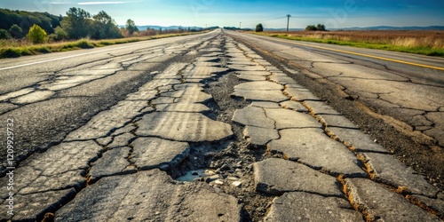 A badly damaged asphalt road surface showing extensive cracking and potholes, extending to the horizon under a clear sky
