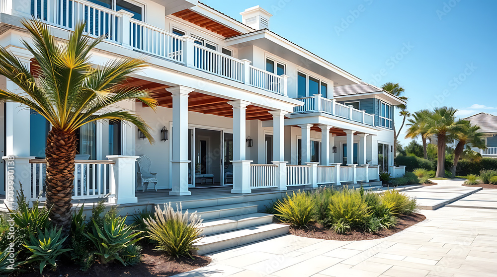 Fototapeta premium Luxury Waterfront Home: Coastal Mansion with Stunning Ocean Views. Resort-style living in a dream home with palm trees and beautiful landscaping.