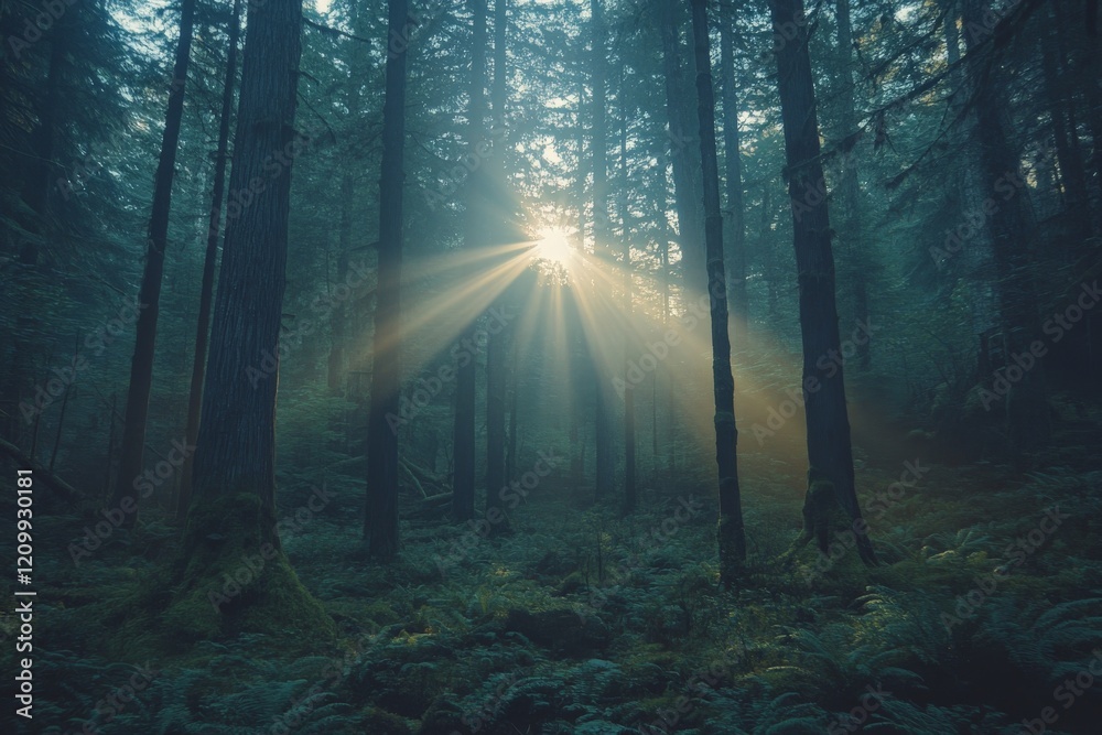 Obraz premium Morning sunrays shine through towering trees in a tranquil forest, casting light and creating a serene, peaceful atmosphere amidst lush foliage and ferns.