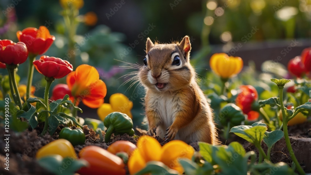 A cheerful chipmunk amidst vibrant flowers and vegetables in a garden setting. A cheerful chipmunk amidst vibrant flowers and vegetables in a garden setting.