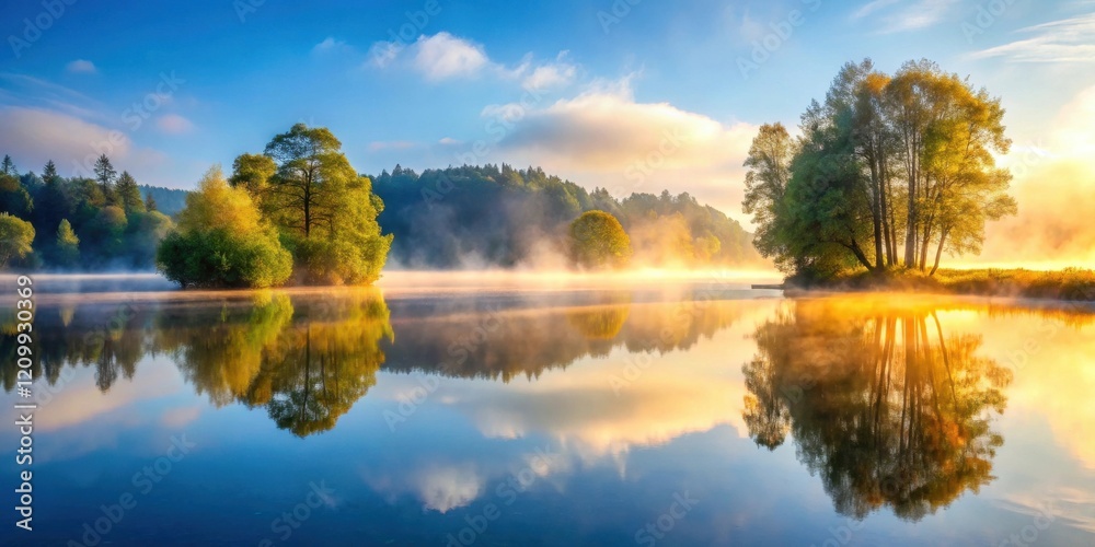 Serene sunrise over a tranquil lake, mist rising from the water, reflecting the golden light and lush greenery of the trees Serene sunrise over a tranquil lake, mist rising from the water, reflecting the golden light and lush greenery of the trees