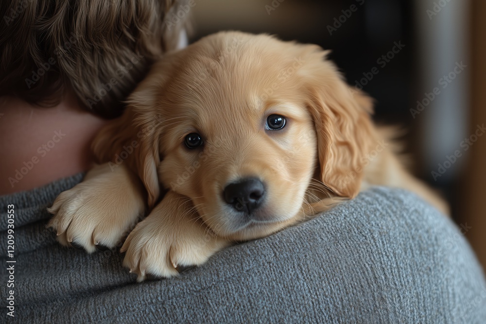 A man cradles a fluffy Golden Retriever puppy on his shoulder, showcasing their bond in a cozy indoor setting, filled with warmth and affection A man cradles a fluffy Golden Retriever puppy on his shoulder, showcasing their bond in a cozy indoor setting, filled with warmth and affection