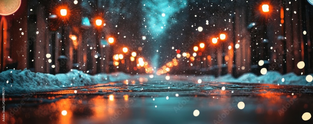 Obraz premium Christmas lights reflecting off a snowy street, creating a magical ambiance.