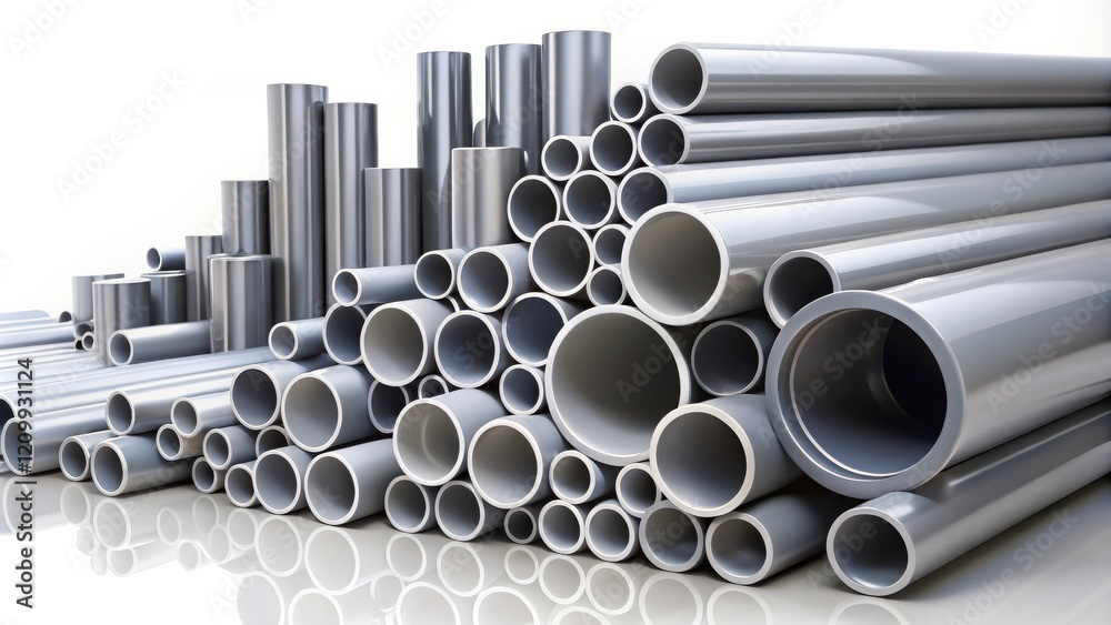 Fototapeta premium A large assortment of industrial metal pipes of various sizes and diameters, arranged in a visually appealing display