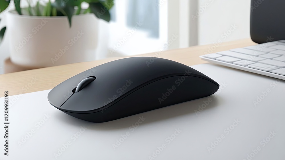 Black Wireless Mouse on a Desk Near a Keyboard Black Wireless Mouse on a Desk Near a Keyboard