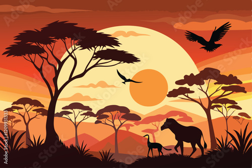 Panorama silhouette tree in africa with sunset