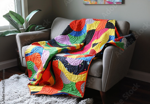 Colorful modern style handmade quilt with multi colored random shapes lying draped over a grey colored sofa in a modern living room.