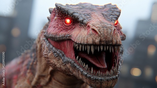 Primal Fury: A terrifying close-up of a dinosaur with glowing red eyes, sharp teeth, and a menacing snarl, evoking a sense of raw power and primal instinct.  photo