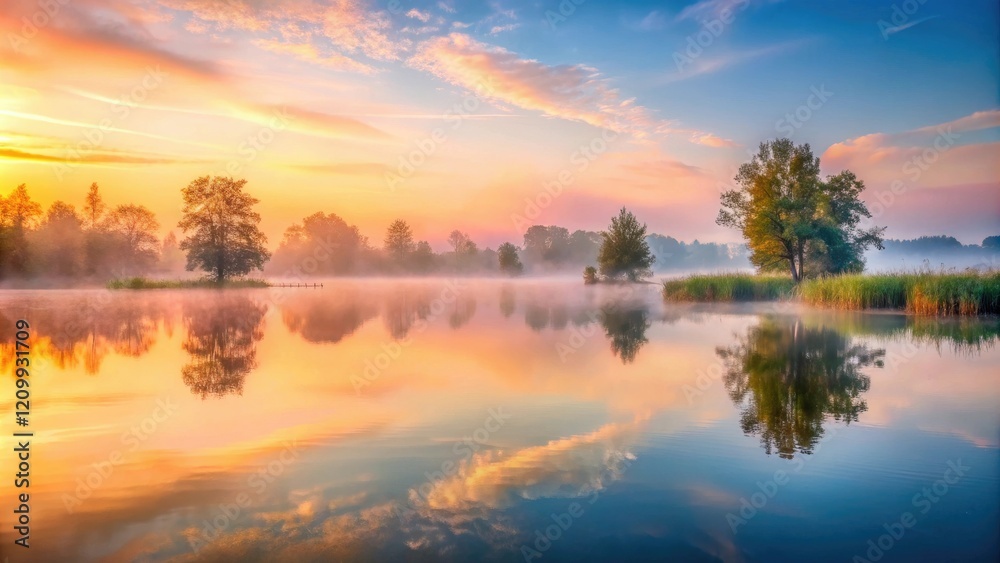 Obraz premium A misty morning scene with water reflecting the soft hues of sunrise over a tranquil lake, peaceful dawn, reflective surface, lake, color gradations