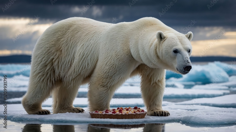 A polar bear stands on ice next to a pie, highlighting the contrast of nature and food. A polar bear stands on ice next to a pie, highlighting the contrast of nature and food.