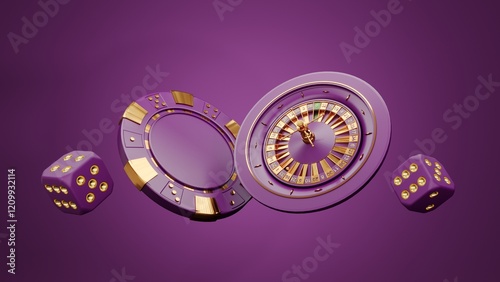Casino chips, cubes, roulette, drum  on dark black background - 3d render. Flying chip for online casinos and mobile gambling applications, poker - winner, wealth concept.