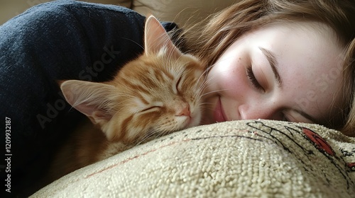 92. A kitten rubbing its head affectionately against its human s cheek, on a cozy sofa photo