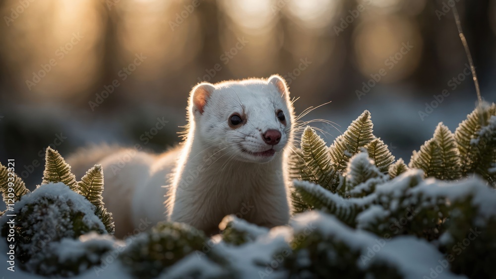 Obraz premium A white ferret in a snowy forest, illuminated by soft sunlight among ferns.