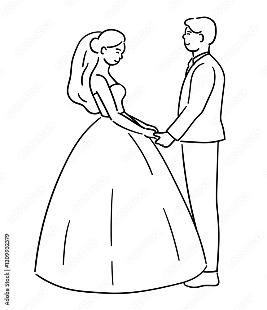 Fototapeta premium Bride and groom are holding hands, looking at each other with happiness, wedding couple