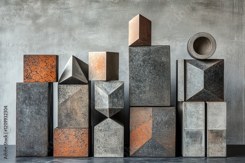 A set of concrete blocks expertly arranged forms artistic urban sculpture pieces imbibing a sense of architectural innovation, structure, and the simplicity of modern aesthetics. photo