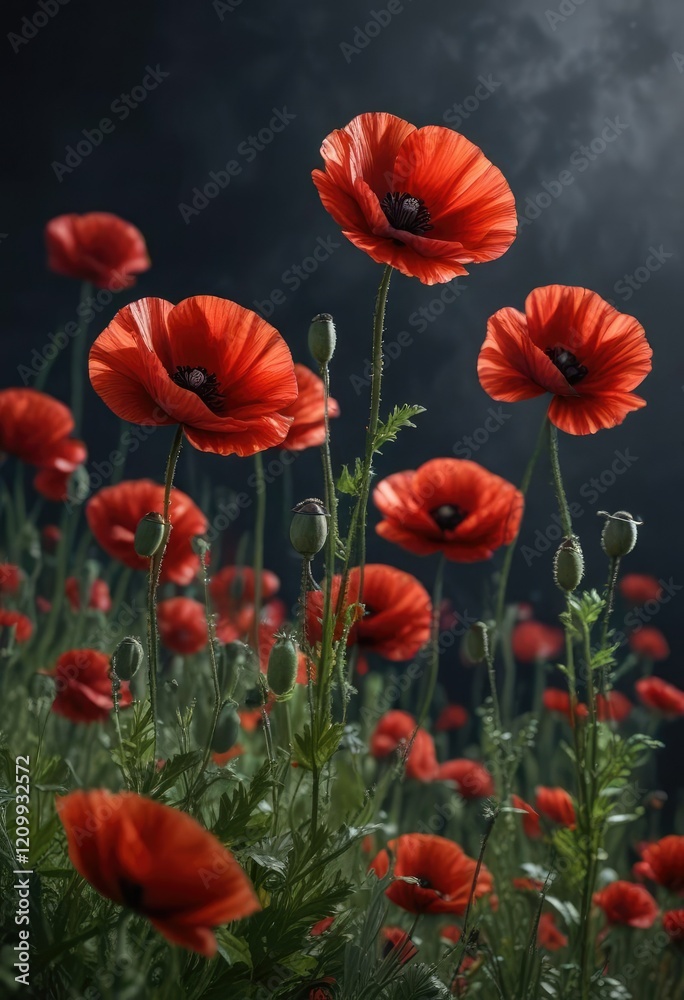 Obraz premium A majestic array of red poppy flowers against a dark and dramatic background, poppy field, autumnal landscape, flower meadow