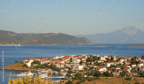 Panoramic view of city Ammoulliani, Greece In the distance mounting Athos