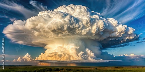 A majestic cumulus cloud towers above the landscape, its towering vertical growth and flat anvil-shaped base giving it a dramatic and imposing presence, cumulus, imposing, vertical, clouds, towering