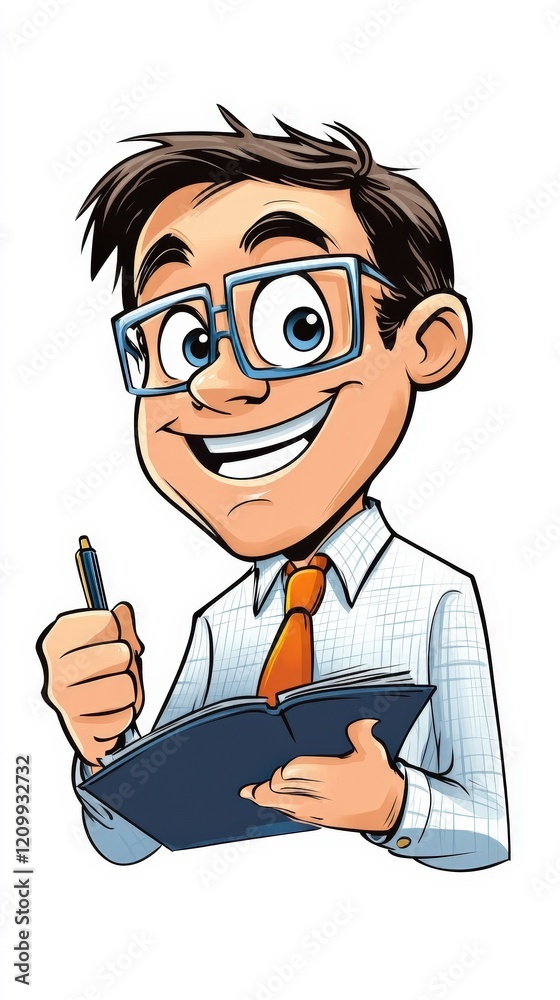 Cartoon illustration of a cheerful young man with glasses and notepad Cartoon illustration of a cheerful young man with glasses and notepad