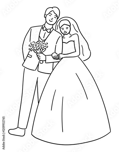 Bride shyly leans on the groom's shoulder, a cute couple on their wedding day vector illustration