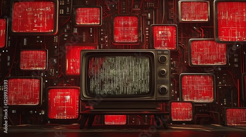 A vintage television set, reminiscent of the 1980s and 1990s aesthetic, sits in front of an array of red digital screens displaying code.  photo