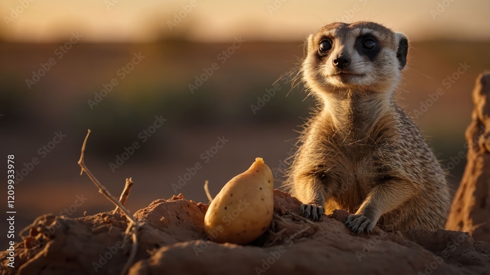 Fototapeta premium A meerkat curiously gazes at a small object in a desert landscape during sunset.