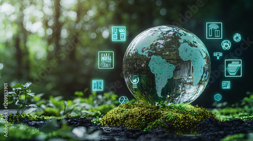 A glass globe with green continents on a moss bed, surrounded by futuristic holographic icons representing renewable energy and green innovation, in a peaceful forest setting.  photo