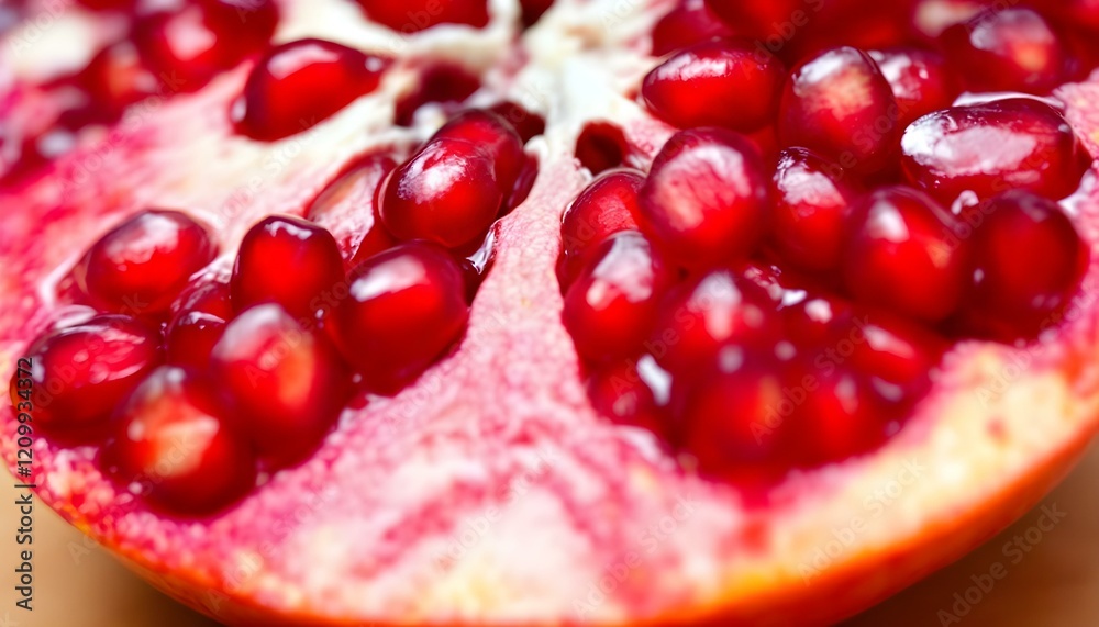Close-up of a sliced pomegranate with juicy seeds Close-up of a sliced pomegranate with juicy seeds
