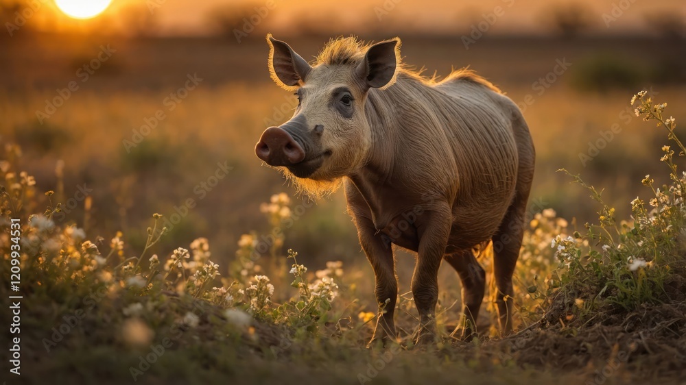 A charming wild boar stands in a field of flowers during sunset. A charming wild boar stands in a field of flowers during sunset.